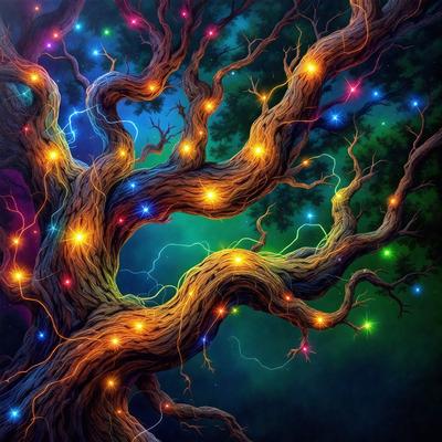 The primary subject of the image is a tree with colorful lights on it, creating a vibrant and festive atmosphere. The setting is a dark, possibly nighttime, environment, with the tree being the main focus of the scene. The visual style appears to be a digital art or illustration, as the tree is depicted with a detailed and intricate design. The colors and mood of the image are predominantly bright and lively, with the lights on the tree adding a sense of warmth and cheerfulness to